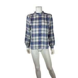 Vintage 80s Plaid Blouse Womens Medium Blue Gray High Neck Bow Back Long Shirt